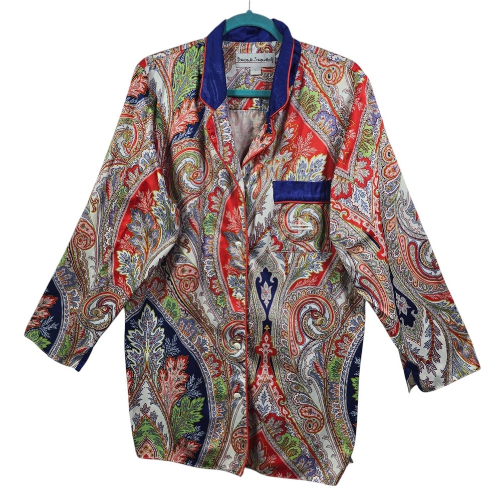 Fernando Sanchez Pajama Top Womens Large Paisley Red Blue Button Up Vintage